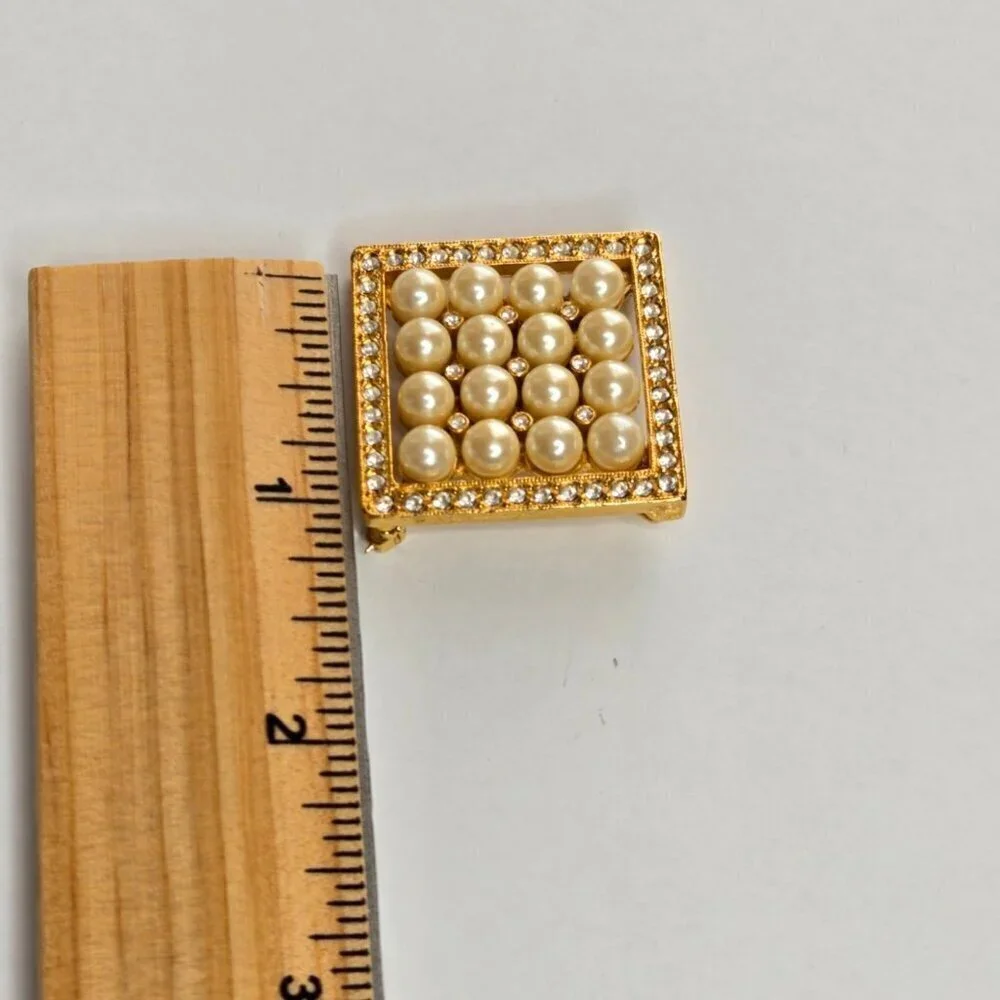 Joan Rivers Square Cluster Faux Pearl Rhinestones Gold Tone Brooch-Incomplete